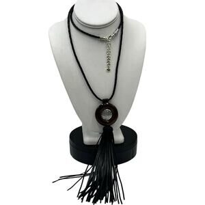 Brighton "NEEMA" Long Black Braided Leather Tassel Silver Tone Necklace JL3800